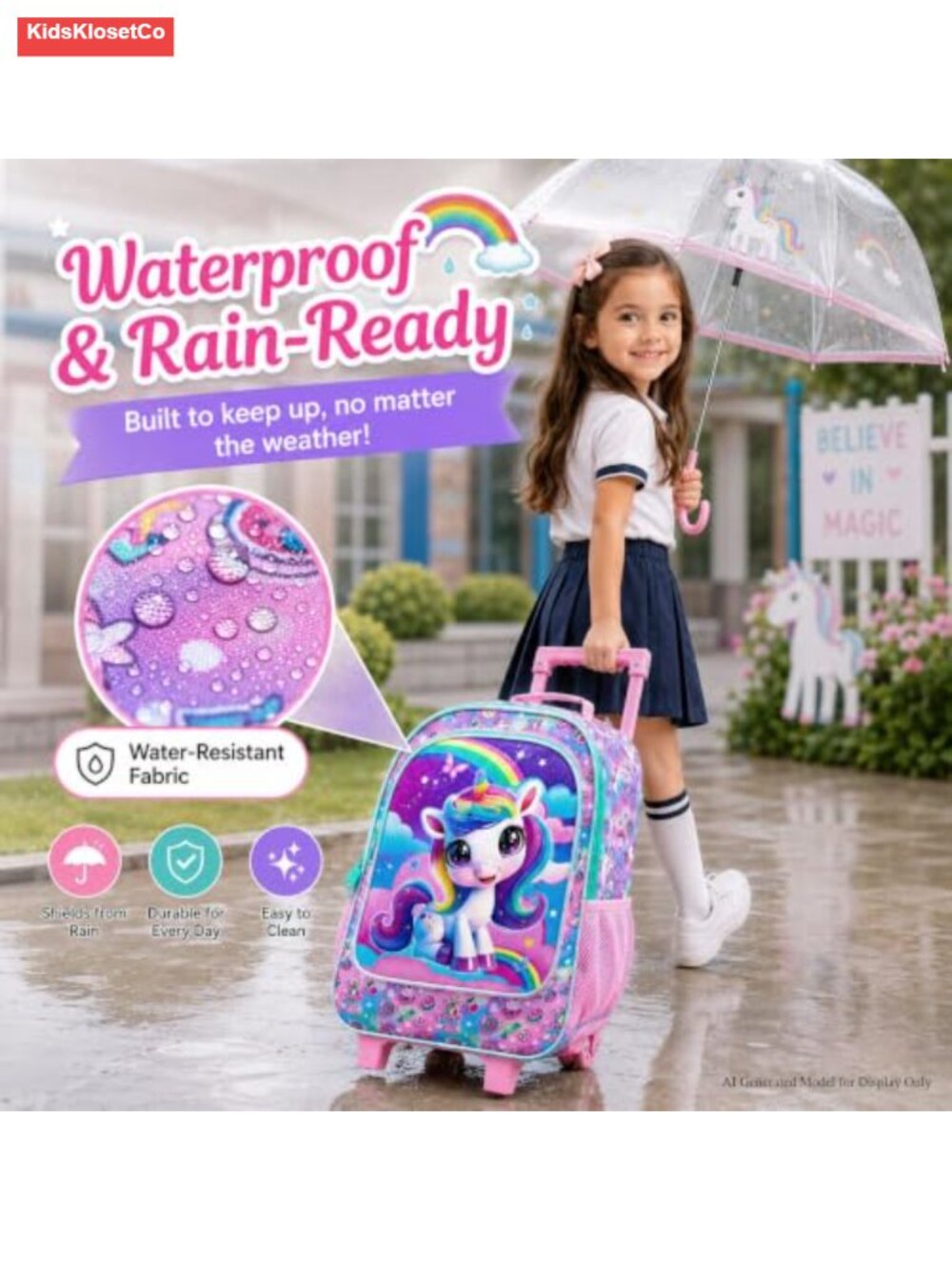 3PCS Rolling Backpack for Girls, Kids Wheeled Bookbag with Lunch Bag & Pencil - Picture 3 of 6